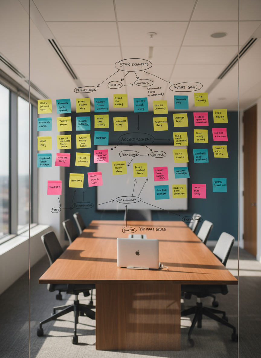 A large, transparent glass wall in a modern office meeting room, covered with neatly arranged sticky notes, flowcharts, and marker-drawn diagrams representing interview strategy. Each note is labeled with concise phrases like “STAR examples,” “metrics,” and “failure story,” written in precise handwriting. The room features a smooth walnut conference table and a closed laptop resting at one end. Late-afternoon natural light streams through adjacent windows, casting elongated, soft shadows across the table and slightly illuminating the ink on the glass. Photographic realism, shot from a three-quarter angle with moderate depth of field, keeping the central cluster of notes sharp. The mood is analytical, strategic, and focused on structuring impactful responses for challenging interview questions.