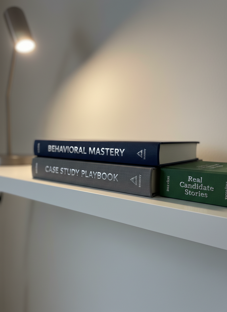 A close-up, photographic image of a stack of interview preparation books on a minimalist shelf, arranged from largest to smallest. The hardcovers feature professional, muted tones: deep navy, charcoal gray, and forest green, with metallic silver titles such as “Behavioral Mastery,” “Case Study Playbook,” and “Real Candidate Stories.” The shelf is matte white, contrasting with the rich colors of the spines. Soft, warm side lighting from a modern desk lamp creates subtle highlights on the foil-stamped lettering and gentle shadows behind the books. Shot at a slight angle with shallow depth of field, the nearest titles in sharp focus and the rest gradually blurring. The atmosphere is studious and aspirational, suggesting depth of knowledge and serious commitment to interview success.