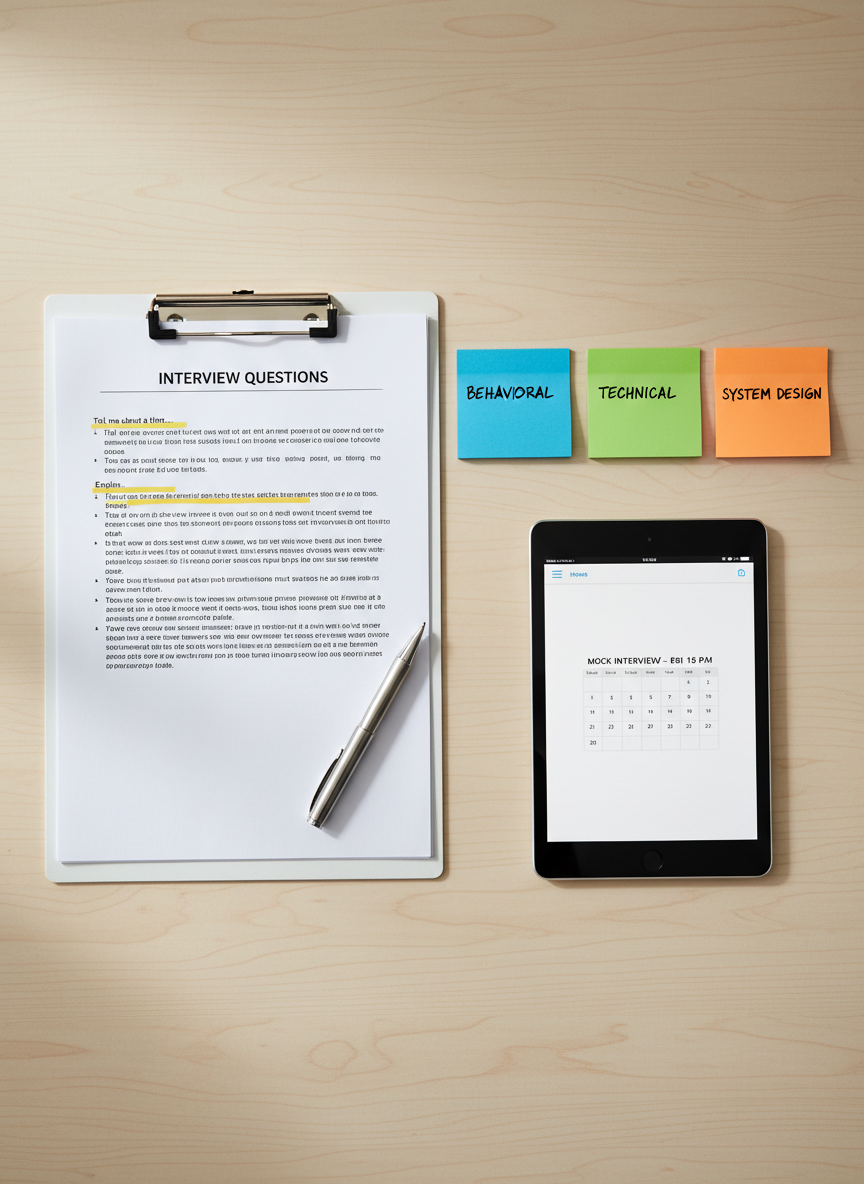 An overhead shot of a meticulously arranged interview preparation workspace: a crisp white clipboard holding a printed interview question sheet with neat bullet points and highlighted key phrases, beside color-coded sticky notes labeled with topics like “behavioral,” “technical,” and “system design.” A sleek black tablet shows a calendar schedule of mock interview sessions. A slim, stainless steel pen lies diagonally across the page, catching a sliver of light. Natural diffused light from an unseen window softens the scene, reducing contrast and creating a calm, focused mood. Photographic realism with a flat-lay composition and sharp focus throughout, conveying structure, planning, and methodical progress toward successful interview rounds.