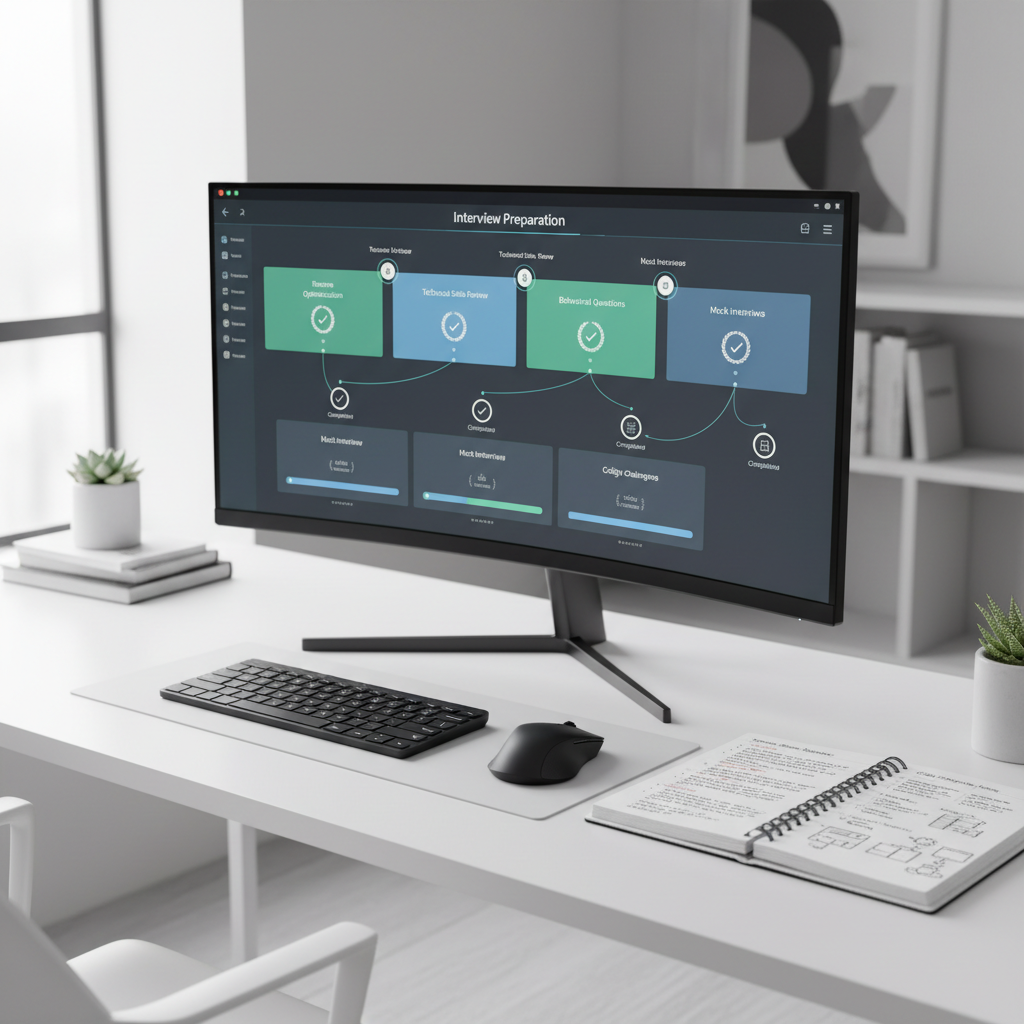 A computer monitor on a streamlined white desk displaying a detailed, multi-step interview preparation roadmap in a modern UI, with progress bars, milestones, and completion badges. Next to the monitor, a spiral-bound notebook is open to a page filled with neatly organized bullet points and hand-drawn diagrams for an upcoming technical interview. A slim, matte-black keyboard and mouse sit symmetrically in front. Cool, diffused daylight from a nearby window balances with the gentle glow of the screen, creating a professional, distraction-free atmosphere. Photographic realism, eye-level composition, with mild background blur revealing only abstract shapes of shelves and office decor. The image communicates disciplined planning, digital tools, and a systematic path to successful interview rounds.